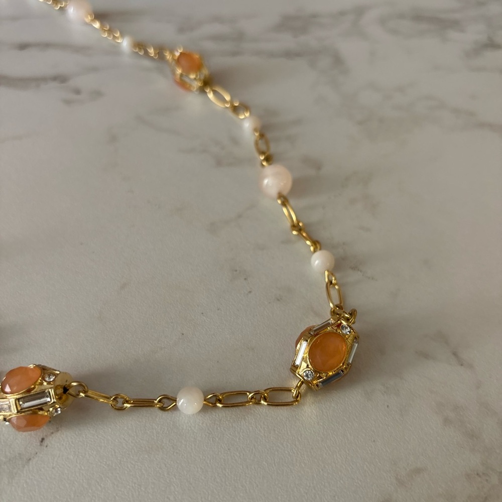Talbots Gold-Tone Station Bead & Stone Necklace with Amber & Pearl-Tone Accents - Picture 4 of 13
